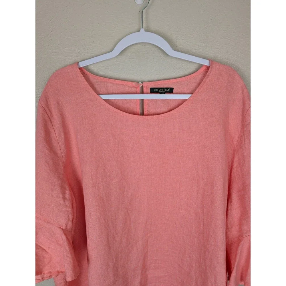 FOR CYNTHIA Womens 2X Coral 100% Linen Ruffled Bell Sleeve Top Blouse Shirt